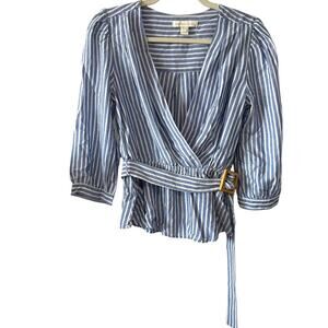 Monteau Los Angeles Blue & White Striped Belted Wrap Top – Size Small